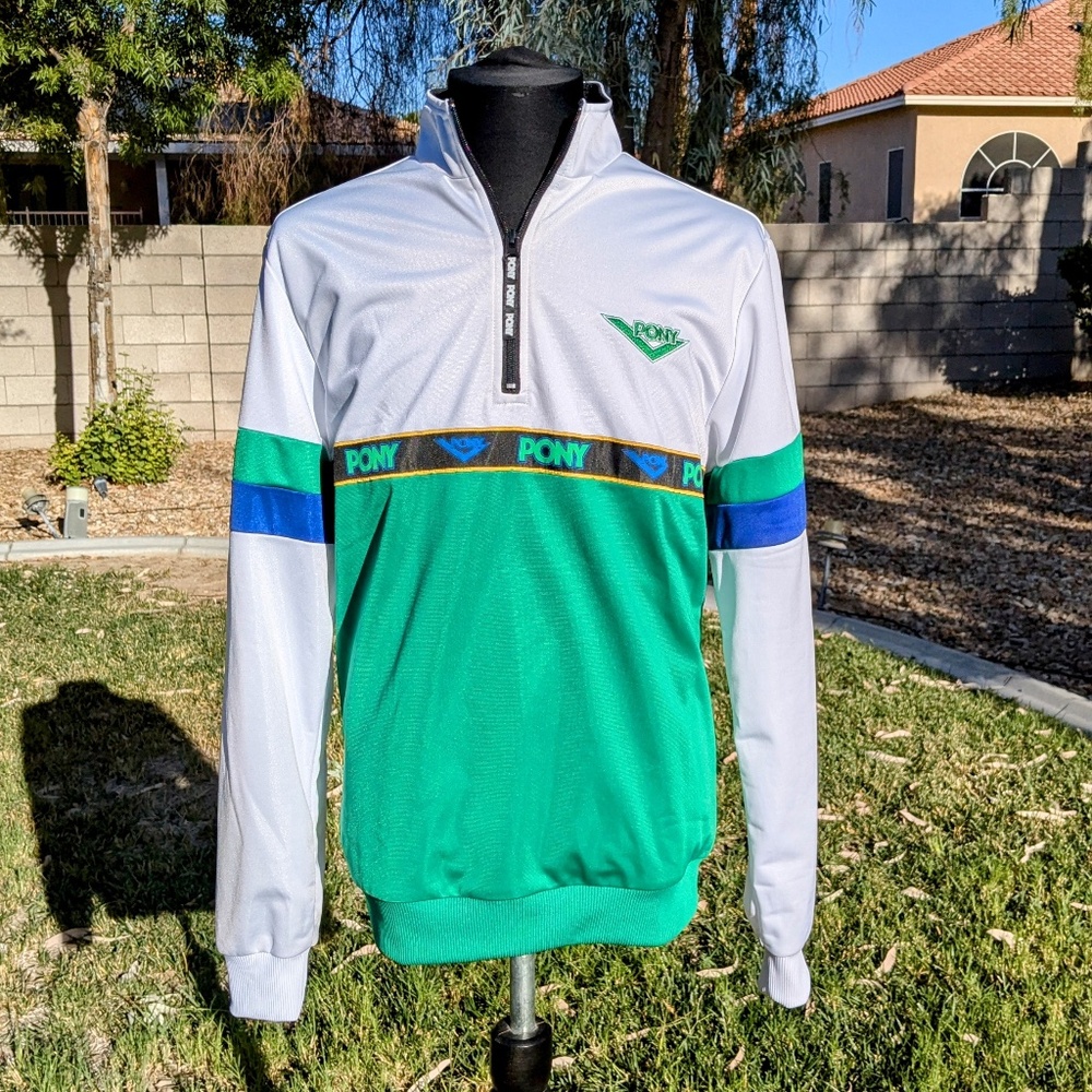 Pony 1/4 Zip Pullover Windbreaker Anorak Green/White Unisex Sm Track Jacket EUC
